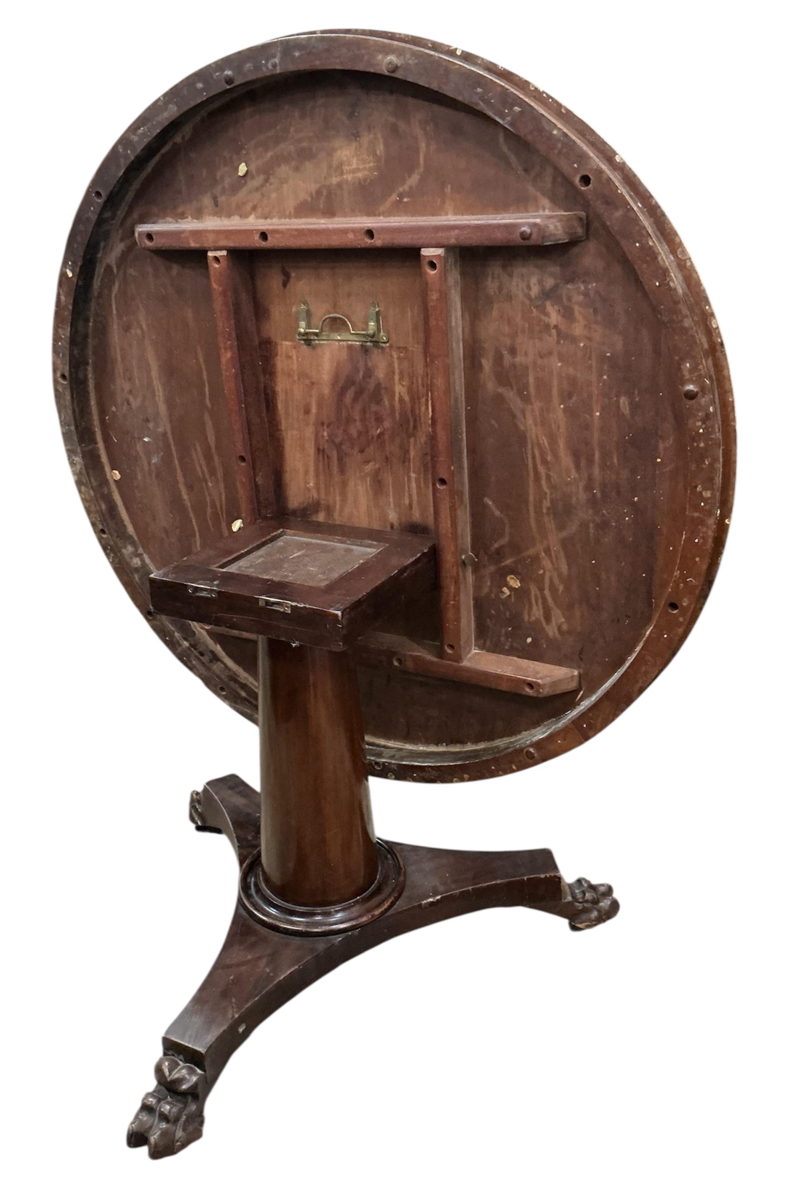 A Victorian circular mahogany tilt top breakfast table, diameter 110cm, height 72cm
